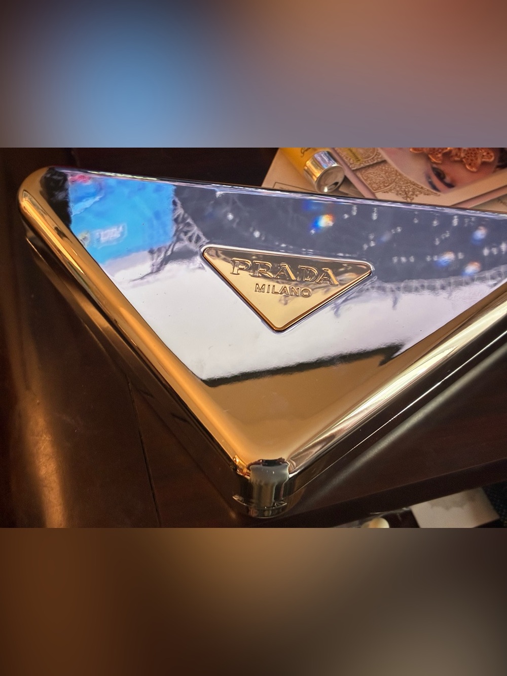 Rare Price!Prada Gold and Metallic Silver Triangular Large Clutch - Picture 2 of 5